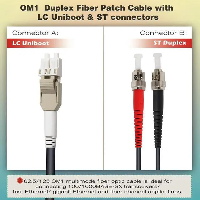 Alt view image 3 of 5 - 165ft / 50m Outdoor Armored OD-5mm OM1 LC to ST Fiber Cable, Multimode Duplex 62.5/125 MMF, LC-ST Fiber Optic Patch Cable
