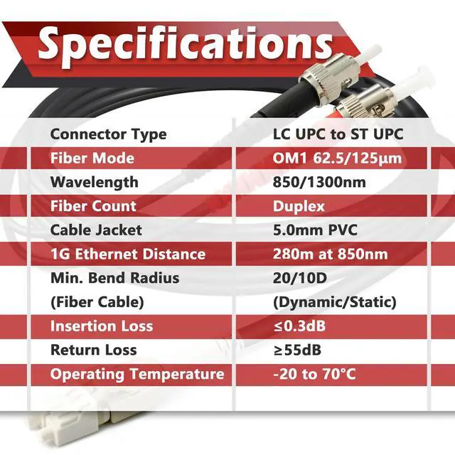 Alt view image 5 of 5 - 165ft / 50m Outdoor Armored OD-5mm OM1 LC to ST Fiber Cable, Multimode Duplex 62.5/125 MMF, LC-ST Fiber Optic Patch Cable