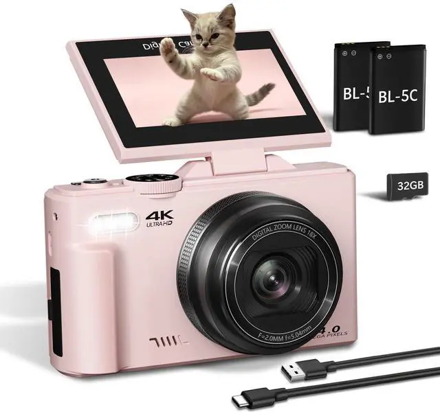 Main image of 4K Digital Camera for Photography and Vlogging, YouTube Camera with 3" 180° Flip Screen, Autofocus, WiFi, 18X Zoom, Flash, 2 Batteries & 32GB SD Card
