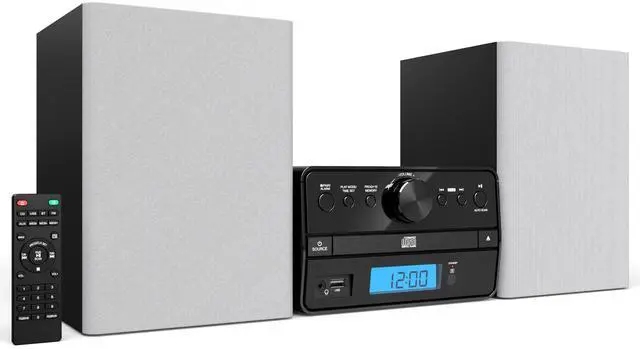 Main image of Stereo Shelf Systems Tray Loading CD Player with Digital FM Radio, Bluetooth Streaming, Remote Control in Silver | LCD Display | 3.5mm Headphone Jack | MP3 & AUX Port Compatible | USB Input