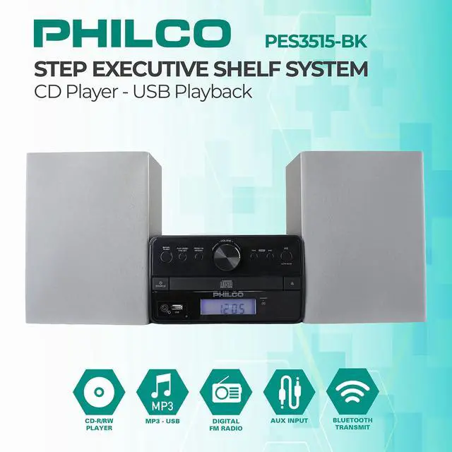 Alt view image 2 of 6 - Stereo Shelf Systems Tray Loading CD Player with Digital FM Radio, Bluetooth Streaming, Remote Control in Silver | LCD Display | 3.5mm Headphone Jack | MP3 & AUX Port Compatible | USB Input