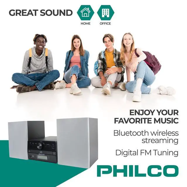 Alt view image 3 of 6 - Stereo Shelf Systems Tray Loading CD Player with Digital FM Radio, Bluetooth Streaming, Remote Control in Silver | LCD Display | 3.5mm Headphone Jack | MP3 & AUX Port Compatible | USB Input