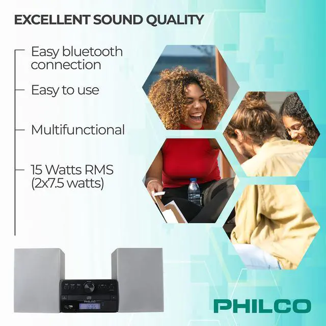 Alt view image 5 of 6 - Stereo Shelf Systems Tray Loading CD Player with Digital FM Radio, Bluetooth Streaming, Remote Control in Silver | LCD Display | 3.5mm Headphone Jack | MP3 & AUX Port Compatible | USB Input