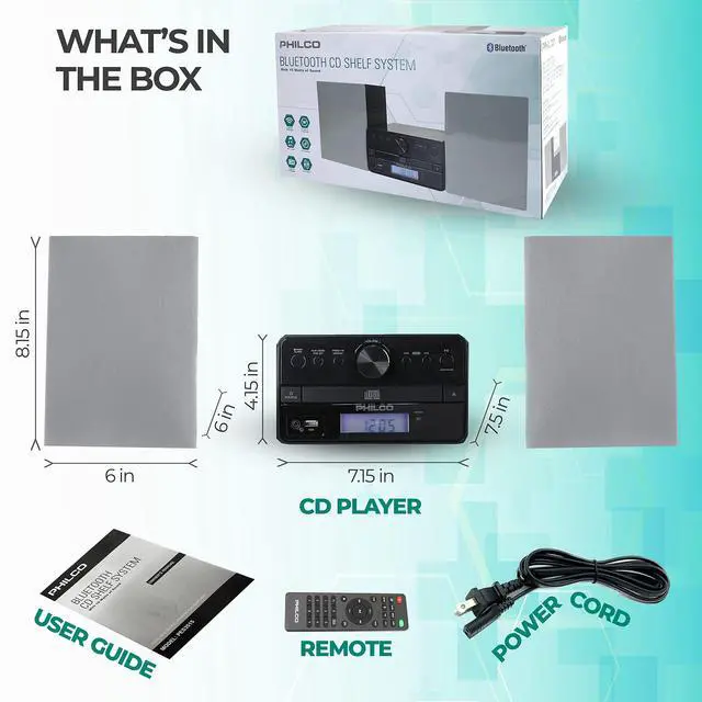 Alt view image 6 of 6 - Stereo Shelf Systems Tray Loading CD Player with Digital FM Radio, Bluetooth Streaming, Remote Control in Silver | LCD Display | 3.5mm Headphone Jack | MP3 & AUX Port Compatible | USB Input
