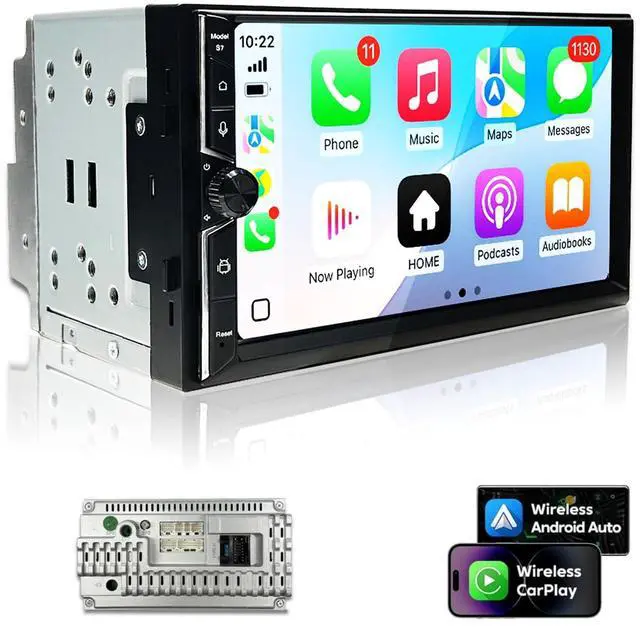 Main image of Double Din Car Stereo, 7" QLED Touchscreen 1280×720, 2GB RAM 64GB ROM, Wireless CarPlay & Android Auto, Android 9 Quad-Core, Built-in GPS, Bluetooth 5.4, 5G WiFi, Backup Camera Support