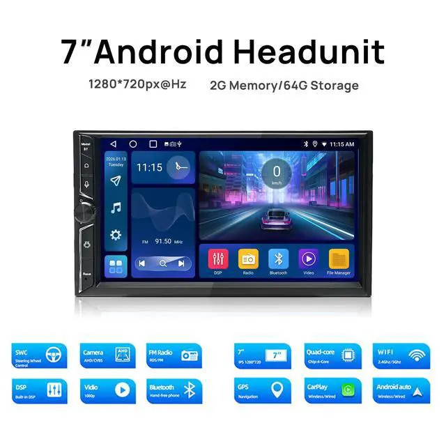 Alt view image 3 of 6 - Double Din Car Stereo, 7" QLED Touchscreen 1280×720, 2GB RAM 64GB ROM, Wireless CarPlay & Android Auto, Android 9 Quad-Core, Built-in GPS, Bluetooth 5.4, 5G WiFi, Backup Camera Support