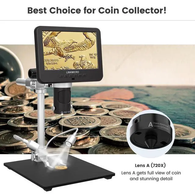 Alt view image 6 of 6 - LM246MS 3 Lens 7 inch HDMI Digital Microscope for Soldering, 13'' Boom Arm Stand, UHD 2160P Video 2000X, Adults USB Coin Microscope Full View of Coins, PC View, 32G SD Card