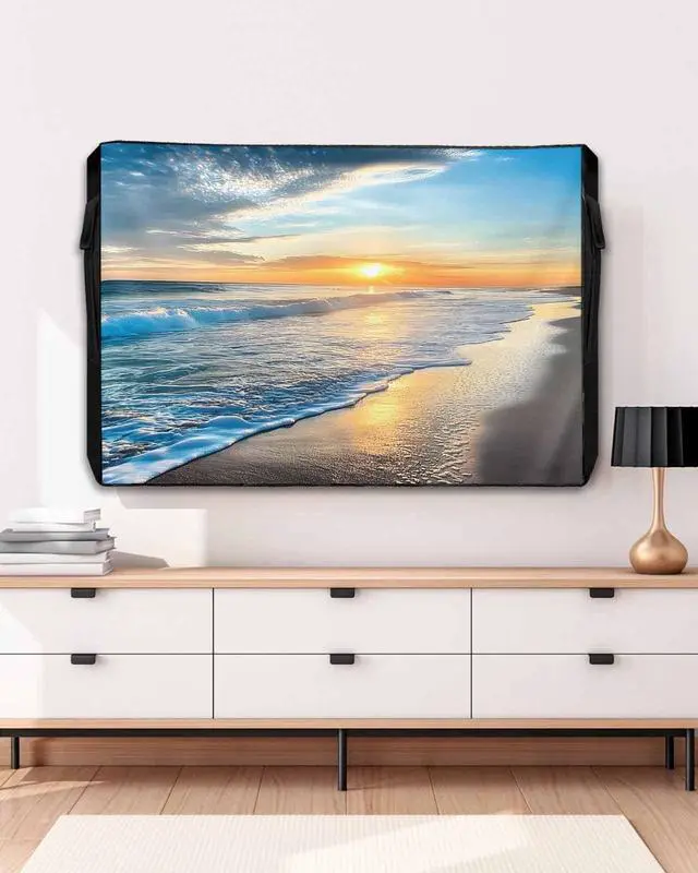 Alt view image 5 of 6 - Summer Sea Beach Sunset Scenery Outdoor TV Cover for Outside Flat Screen Televisions, Blue Sky Ocean Waves Weatherproof TV Screen Protector with Zipper for 70 to 75 Inch Screens