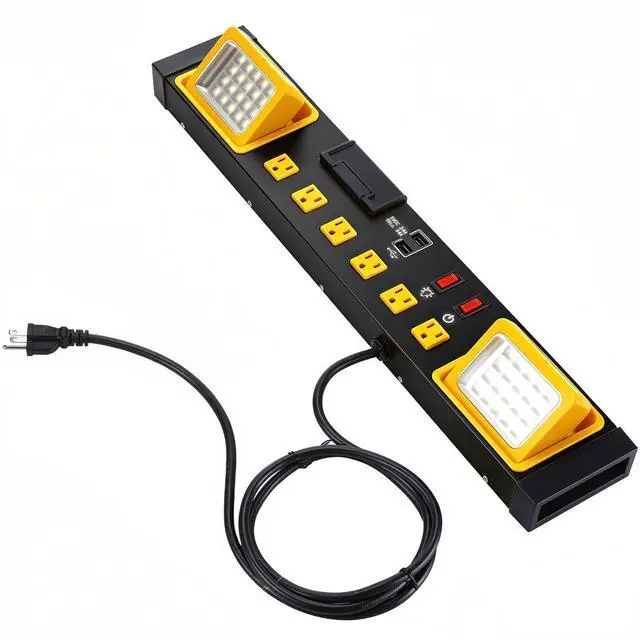 Main image of 6 Outlets Power Strip with LED Worklight Metal Heavy Duty Wall Mount Workbench Power Strip with 6FT 14/3 AWG Cord 2 USB Port 15A Circuit Breaker for Office Garage Workshop(Black)