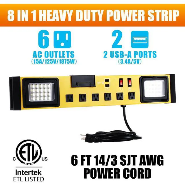 Alt view image 3 of 6 - 6 Outlets Power Strip with LED Worklight, Metal Heavy Duty Wall Mount Workbench Power Strip with 6FT 14/3 AWG Cord, 2 USB Ports, 15A Circuit Breaker for Home Office Garage Workshop