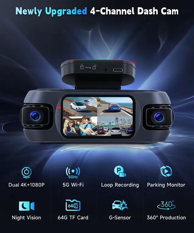 Alt view image 2 of 6 - 4K 360°Dash Cam Front Rear Left Right Inside with WiFi GPS, 4 Channel 4K Ultra HD Dash Camera for Cars Night Vision, G Sensor, 24/7 Parking Mode, Loop Recording+64GB TF Card
