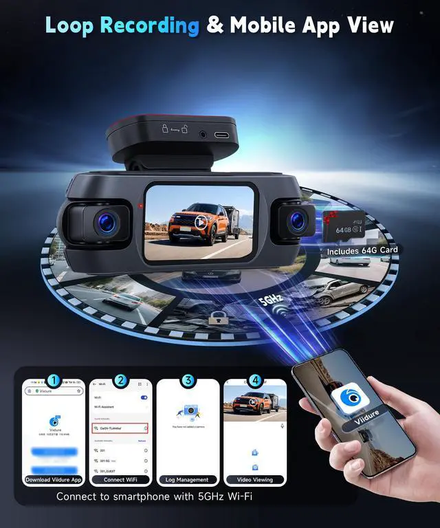 Alt view image 5 of 6 - 4K 360°Dash Cam Front Rear Left Right Inside with WiFi GPS, 4 Channel 4K Ultra HD Dash Camera for Cars Night Vision, G Sensor, 24/7 Parking Mode, Loop Recording+64GB TF Card