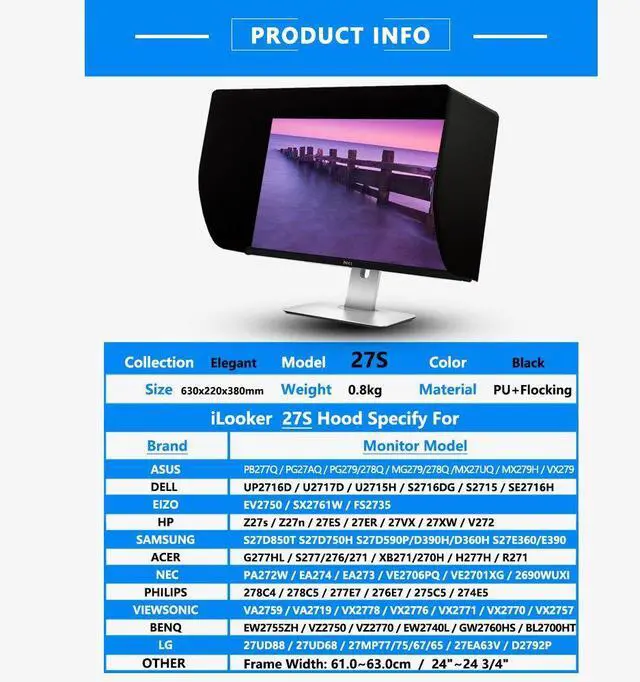 Alt view image 2 of 6 - 27S 27 inch Ultr-Slim Frame LCD LED Video Monitor Hood Sunshade Sunhood for Dell HP Viewsonic Philips Samsung LG EIZO NEC ASUS ACER BENQ AOC Lenovo, Fits Monitor Frame Width 610-630mm