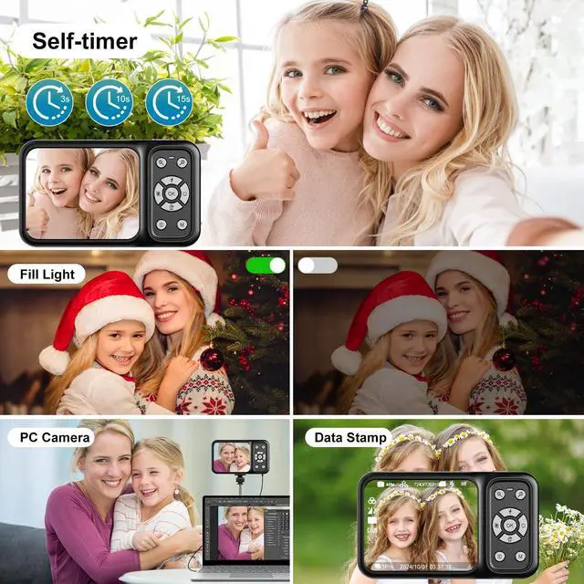 Alt view image 6 of 6 - Digital Camera, 4K 64MP Dual Screens Camera, 18X Zoom, Point and Shoot Digital Camera with 64GB TF Card & 2 Batteries, Portable Rechargeable Small Camera for Kids Teens Adult, Black