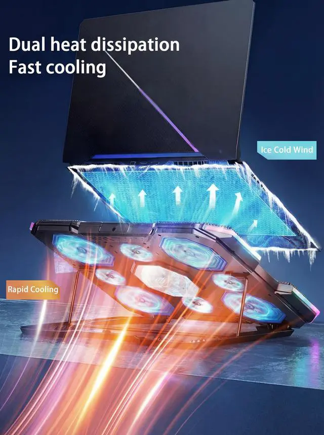 Alt view image 2 of 6 - 8-Fan Laptop Cooling Pad with Thermoelectric Cooler, 5-Speed Independent Control, 10 RGB Lights, 7-Height Adjustable Metal Panel Laptop Cooler, for 15.6-21 Inch Gaming Laptops