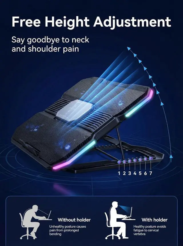 Alt view image 3 of 6 - 8-Fan Laptop Cooling Pad with Thermoelectric Cooler, 5-Speed Independent Control, 10 RGB Lights, 7-Height Adjustable Metal Panel Laptop Cooler, for 15.6-21 Inch Gaming Laptops