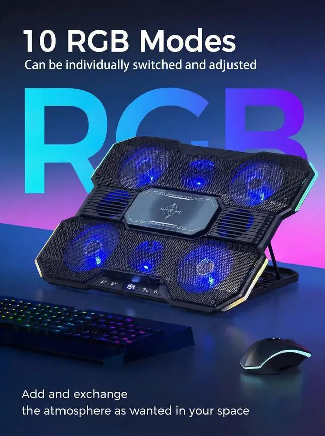 Alt view image 4 of 6 - 8-Fan Laptop Cooling Pad with Thermoelectric Cooler, 5-Speed Independent Control, 10 RGB Lights, 7-Height Adjustable Metal Panel Laptop Cooler, for 15.6-21 Inch Gaming Laptops