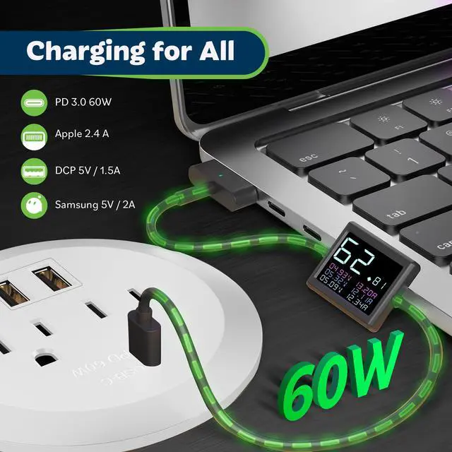 Alt view image 4 of 6 - Desktop Power Grommet With 65W PD Fast Charging USB C, GaN Desk for MacBook, 2 USB-A Ports and Duplex Receptacles, 3" Diameter, TTRP48APD60-W, White