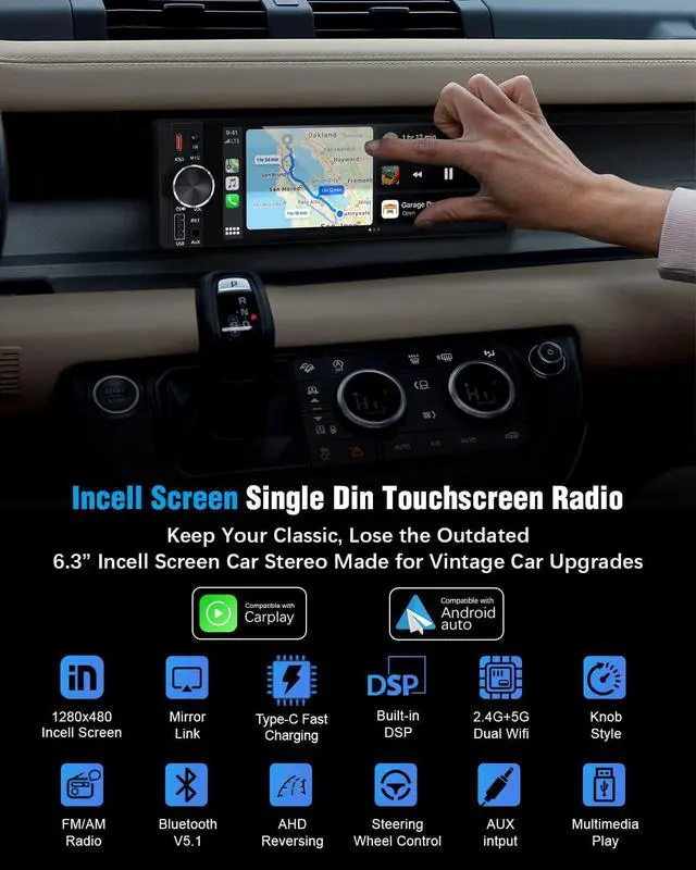 Alt view image 2 of 6 - Single Din Touchscreen Radio with Wireless Apple Carplay&Android Auto,6.36" Incell Touchscreen Radio with Type-C Fast Charge(QC/PD 3.0),AHD Reversing,DSP,Voice Control (US-6.3")
