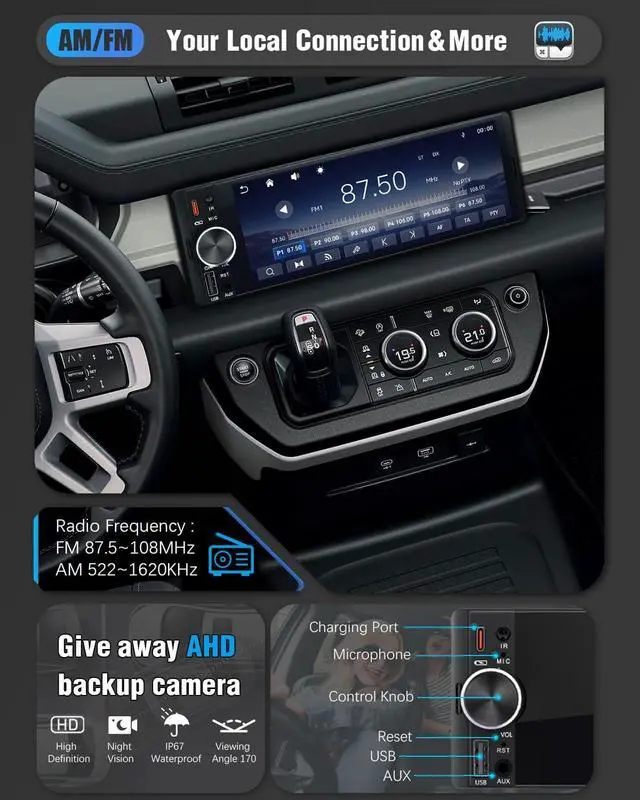 Alt view image 6 of 6 - Single Din Touchscreen Radio with Wireless Apple Carplay&Android Auto,6.36" Incell Touchscreen Radio with Type-C Fast Charge(QC/PD 3.0),AHD Reversing,DSP,Voice Control (US-6.3")