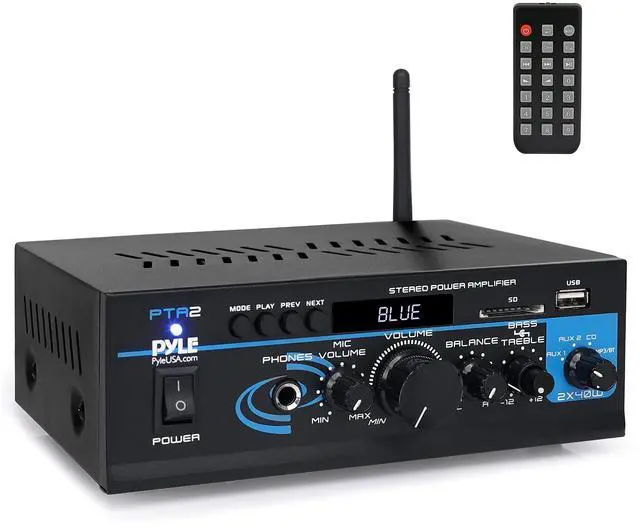 Main image of Home Audio Power Amplifier System - 2X40W Bluetooth Mini Dual Channel Mixer Sound Stereo Receiver Box w/ AUX, Mic Input - For Amplified Speakers, PA, CD Player, Theater via RCA, Studio Use - PTA2