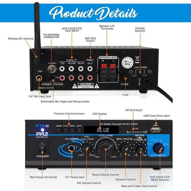 Alt view image 2 of 6 - Home Audio Power Amplifier System - 2X40W Bluetooth Mini Dual Channel Mixer Sound Stereo Receiver Box w/ AUX, Mic Input - For Amplified Speakers, PA, CD Player, Theater via RCA, Studio Use - PTA2