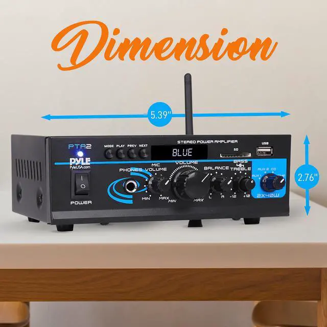 Alt view image 6 of 6 - Home Audio Power Amplifier System - 2X40W Bluetooth Mini Dual Channel Mixer Sound Stereo Receiver Box w/ AUX, Mic Input - For Amplified Speakers, PA, CD Player, Theater via RCA, Studio Use - PTA2