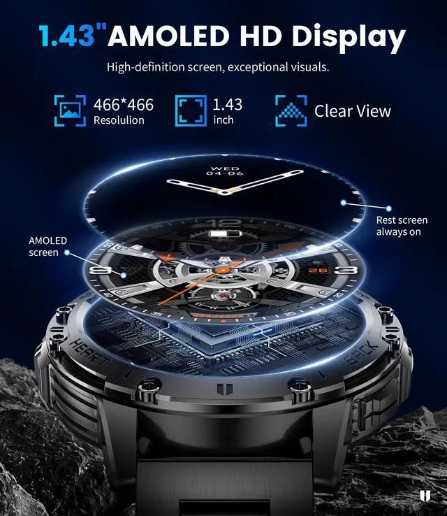 Alt view image 3 of 6 - Military Smart Watches for Men(Answer/Make Calls) with LED Flashlight,530mAh Large Battery,1.43" AMOLED Sports Smartwatch with 170+ Sport Modes,5ATM Waterproof Fitness Tracker for iOS Android,3 Straps