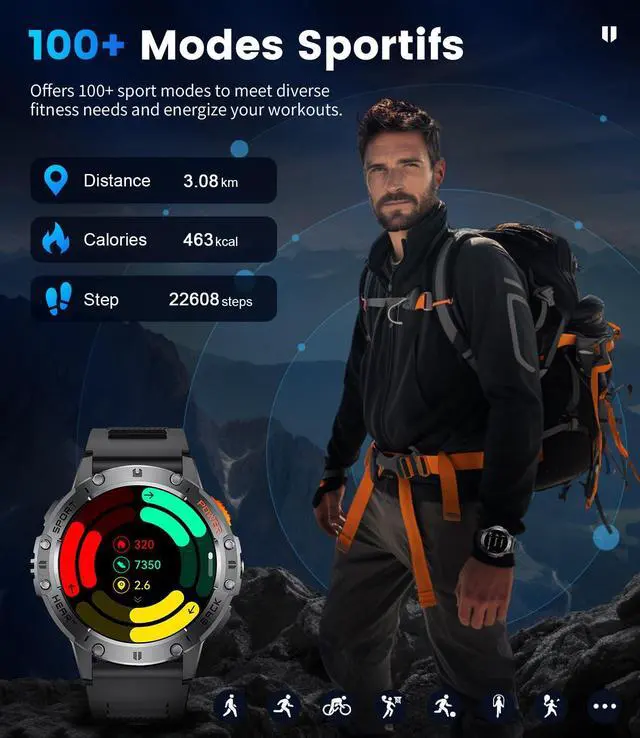 Alt view image 5 of 6 - Military Smart Watches for Men(Answer/Make Calls) with LED Flashlight,530mAh Large Battery,1.43" AMOLED Sports Smartwatch with 170+ Sport Modes,5ATM Waterproof Fitness Tracker for iOS Android,3 Straps