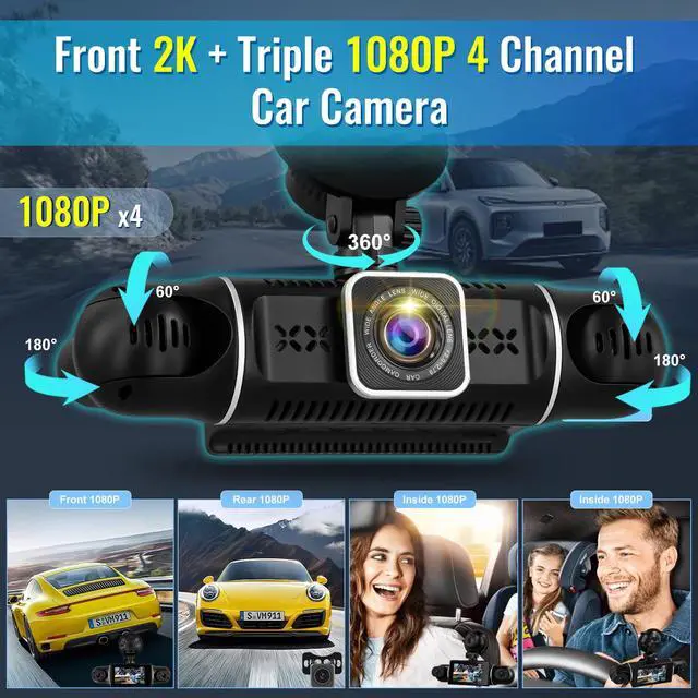 Alt view image 3 of 6 - 4 Channel Dash Cam 360° Coverage: Front 2K + Triple 1080P Car Camera Built-in WiFi Car Camera with App, Front Rear Left Right Inside with G-Sensor/Night Vision/Loop Recording + 64GB Card