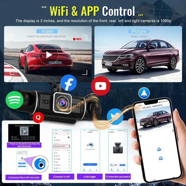 Alt view image 5 of 6 - 4 Channel Dash Cam 360° Coverage: Front 2K + Triple 1080P Car Camera Built-in WiFi Car Camera with App, Front Rear Left Right Inside with G-Sensor/Night Vision/Loop Recording + 64GB Card