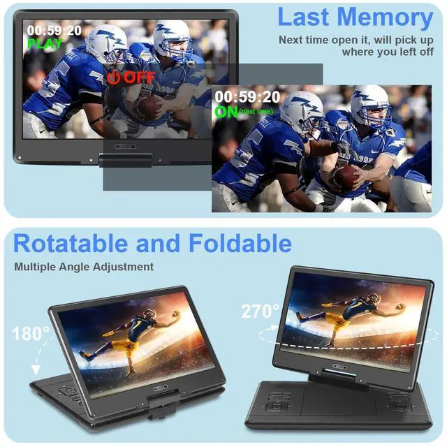 Alt view image 6 of 6 - 16.9" Portable DVD Player with 14.1 HD Swivel Screen, 6Hrs Play, DVD Player Portable with Dual Speaker, Last Memory, Support SYNC TV/USB/SD Card, Play All Discs Format Except Blu-ray, Black