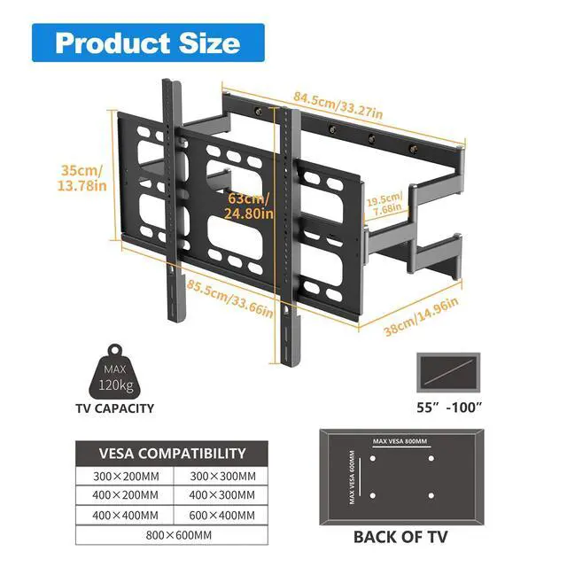 Alt view image 5 of 6 - TV Wall Mount for 55-100 Inch TVs,up to 264 lbs,TV Mount with Extension,Wall Mount TVs Bracket Full Motion with Articulating Dual Arms,Max VESA 800 x 600mm (VC-Z1688)