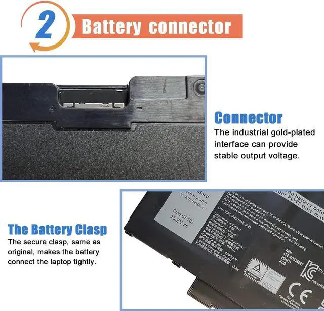 Alt view image 3 of 6 - 64Wh 4-Cell GRT01 Laptop Battery Compatible with Dell Latitude 15 5521 5531 14 5421 5431 Precision 3561 3571 3470 Alienware m17 R5 AMD Series Laptop 00P3TJ 0P3TJ 0R05P0 R05P0 05RGW 15.2V