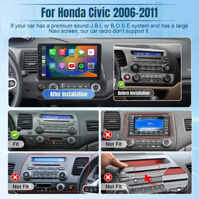 Alt view image 2 of 6 - 8Core Android Car Radio for Honda Civic 2006 2007 2008 2009 2010 2011, 2+32G 10.1inch Touch Screen for Civic Stereo with Wireless CarPlay Android Auto Bluetooth GPS Navigation WiFi SWC