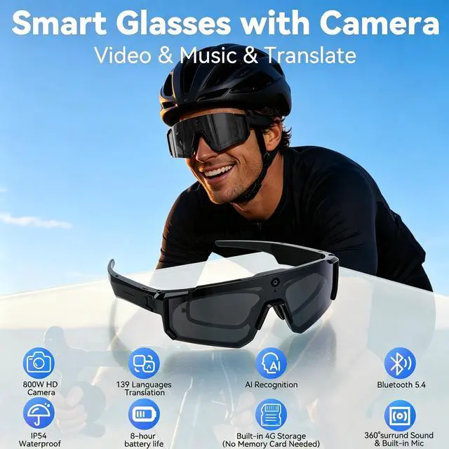 Alt view image 2 of 6 - AI Smart Glasses with Camera, HD Stabilized Video Recording Glasses, Waterproof Bluetooth Sunglasses with Ai Assistant, Touch Control, UV Protection for Cycling Skiing Outdoor Sports, Grey