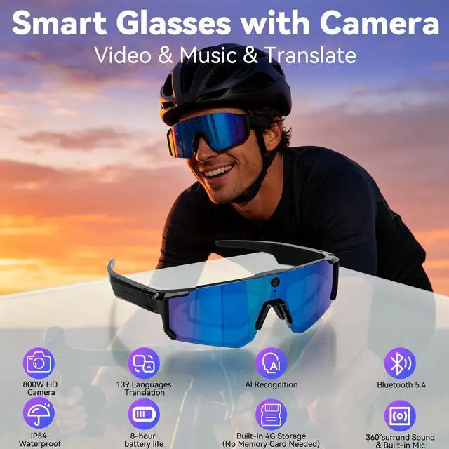 Alt view image 2 of 6 - AI Smart Glasses with Camera, HD Stabilized Video Recording Glasses, Waterproof Bluetooth Sunglasses with Ai Assistant, Touch Control, UV Protection for Cycling Skiing Outdoor Sports