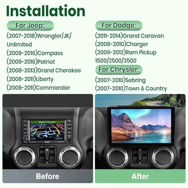 Alt view image 2 of 6 - (4GB+64GB ROM) Car Stereo for Jeep Wrangler JK 2007-2018 Compass Grand Cherokee Dodge Ram 1500, 10.1" Android 15 Radio with Wireless CarPlay Android Auto WiFi GPS BT FM AM SWC Backup Camera
