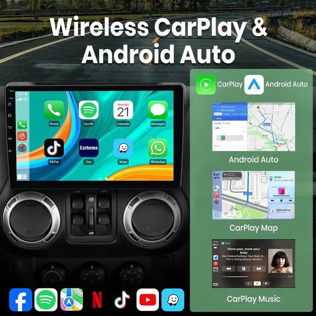 Alt view image 3 of 6 - (4GB+64GB ROM) Car Stereo for Jeep Wrangler JK 2007-2018 Compass Grand Cherokee Dodge Ram 1500, 10.1" Android 15 Radio with Wireless CarPlay Android Auto WiFi GPS BT FM AM SWC Backup Camera
