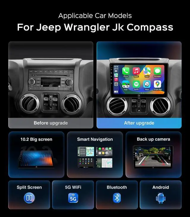 Alt view image 2 of 6 - 10.2 Inch 2+64G Car Radio Stereo Upgrade for Jeep Wrangler JK Compass Grand Cherokee Dodge Ram 2009-2012 with Wireless CarPlay/Android Auto/Android 13/Touch Screen/GPS Navigation/HD Backup Camera