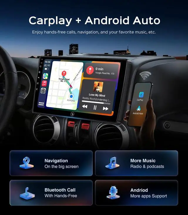 Alt view image 3 of 6 - 10.2 Inch 2+64G Car Radio Stereo Upgrade for Jeep Wrangler JK Compass Grand Cherokee Dodge Ram 2009-2012 with Wireless CarPlay/Android Auto/Android 13/Touch Screen/GPS Navigation/HD Backup Camera