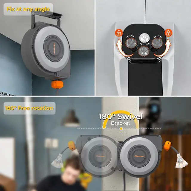 Alt view image 6 of 6 - Retractable Extension Cord Reel, 70 FT Heavy Duty 14AWG/3C SJTOW Power Cord, Lighted Triple Outlets, Adjustable Stopper, Ceiling & Wall Mount, ETL Listed