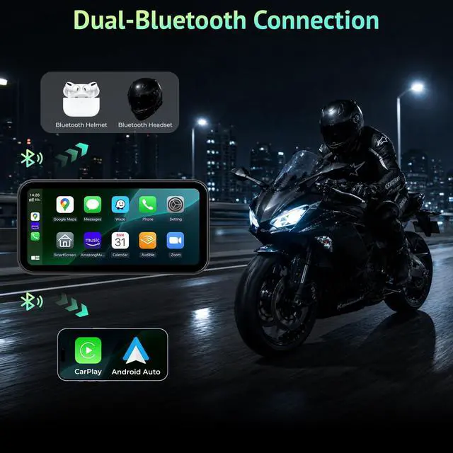 Alt view image 3 of 6 - 6.25 Inch Motorcycle CarPlay & Android Auto Display with Two TPMS IP67 Waterproof Portable Touchscreen with Dual Bluetooth, TF Card, GPS Navigation, Universal Mount