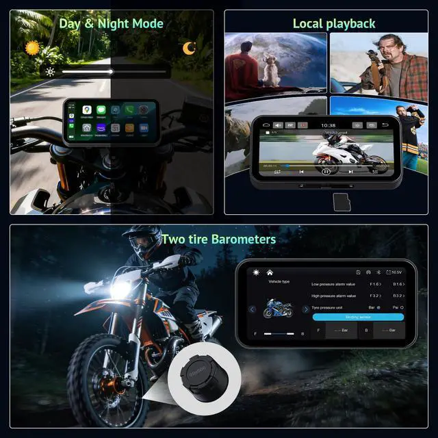 Alt view image 5 of 6 - 6.25 Inch Motorcycle CarPlay & Android Auto Display with Two TPMS IP67 Waterproof Portable Touchscreen with Dual Bluetooth, TF Card, GPS Navigation, Universal Mount