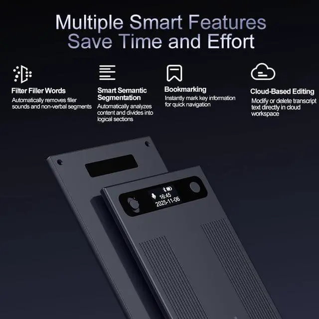 Alt view image 2 of 6 - AI Voice Recorder, Transcribe & Summarize with AI, App Control, Supports 120+ Languages for Lectures, 64GB Memory, Audio Recorder for Lectures, Meetings, Calls,Blue