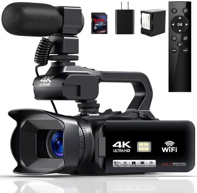 Main image of 4K Video Camera Camcorder HD 64MP 18X Digital Zoom Vlogging Camera for YouTube Video Camera with WiFi, 4500mAh Battery, 64GB SD Card, Stabilizer, Mic, Remote Control