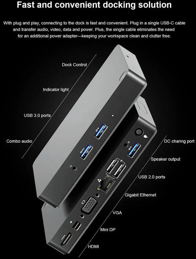 Alt view image 2 of 6 - WD15 USB C Docking Station, Dual Monitor Compatible with Dell/MacBook/HP/Surface, HDMI/Mini DP/VGA, 1GB Ethernet, 3 USB 3.0, 2 USB 2.0, Audio, Speaker Out, Black