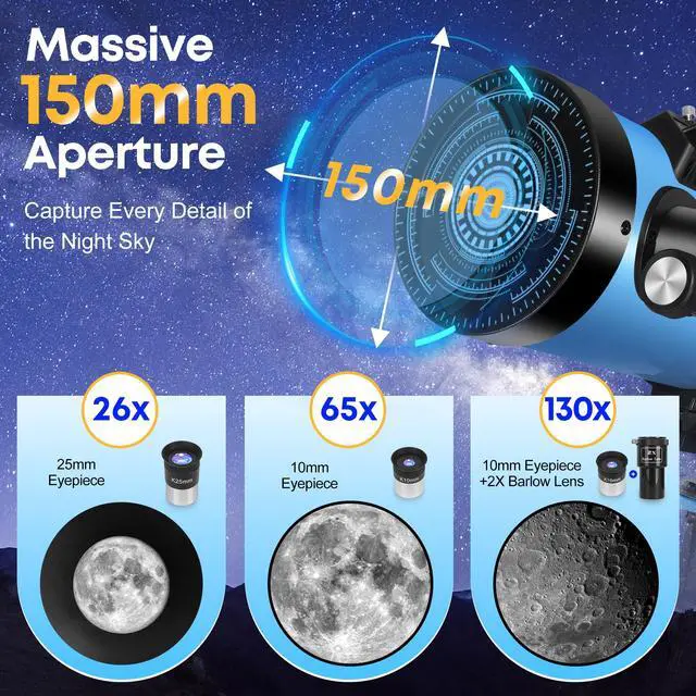 Alt view image 2 of 6 - Telescope150EQ for Adults High Powered, Professional Newtonian Reflector Telescope for Beginner in Astronomy, with Carry Bag, Stainless Tripod, Moon Filter and Phone Adapter, Blue