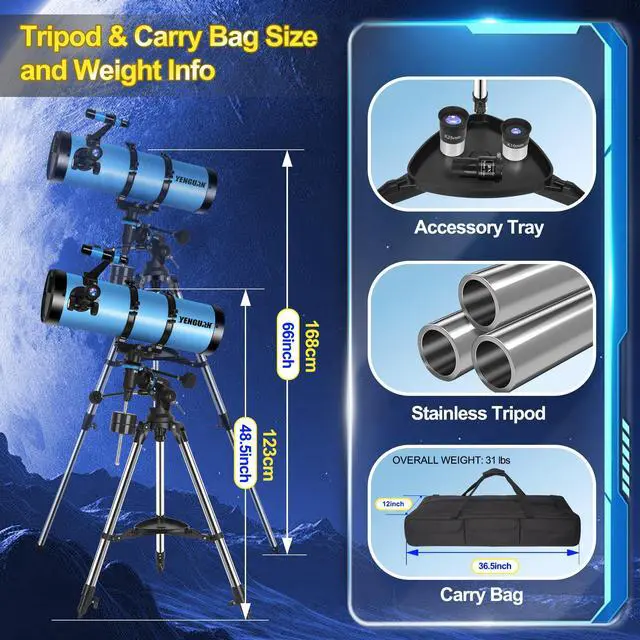 Alt view image 4 of 6 - Telescope150EQ for Adults High Powered, Professional Newtonian Reflector Telescope for Beginner in Astronomy, with Carry Bag, Stainless Tripod, Moon Filter and Phone Adapter, Blue