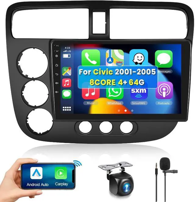Main image of 8 Core 4G+64G Car Radio for Honda Civic 2001 2002 2003 2004 2005, Wireless Apple Carplay Android Auto Car Stereo, 9 IPS Touchscreen with WiFi, GPS, Bluetooth,FM/RDS, 32EQ DSP, Rear Camera